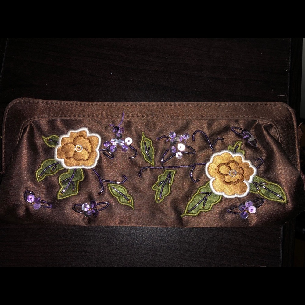 Small brown satin embellished clutch